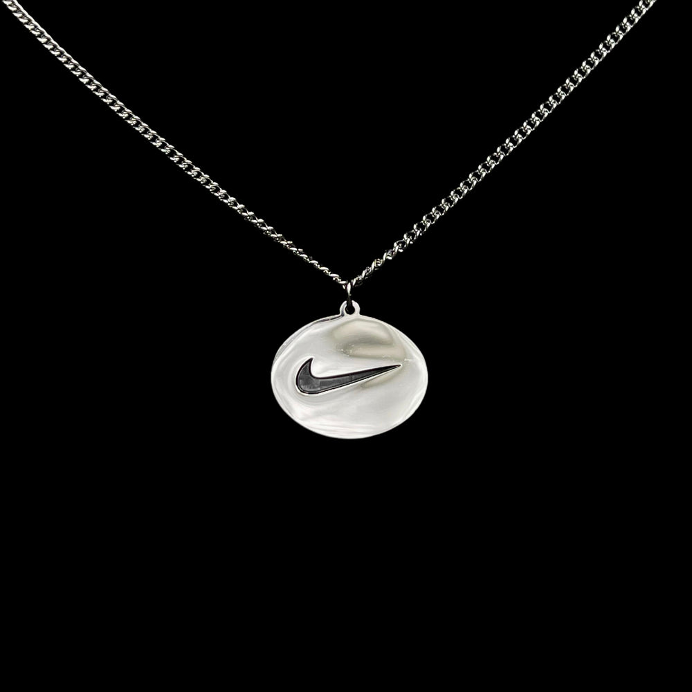 SWOOSH Etched Oval Pendant and Chain: Silver Finish