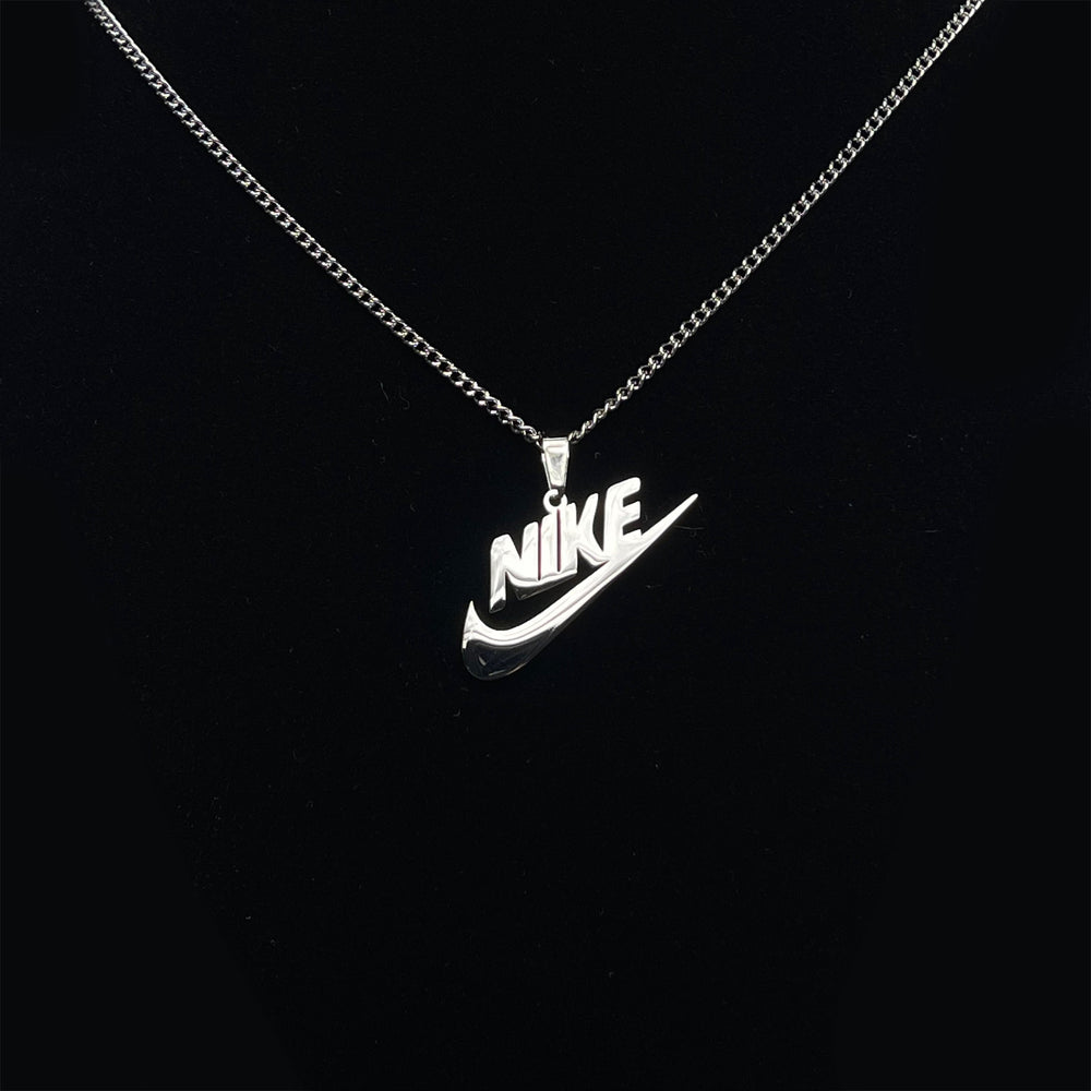 SWOOSH Spellout Pendant and Chain: Silver Finish