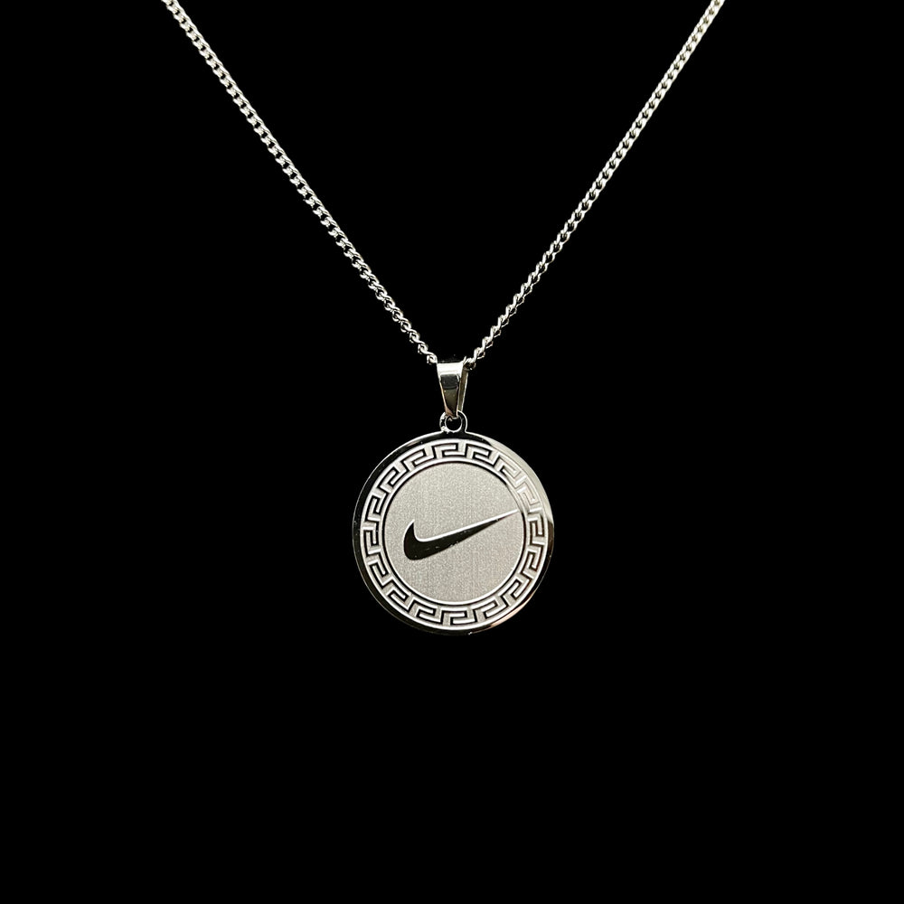 SWOOSH Engraved Circle Pendant and Chain: Silver Finish