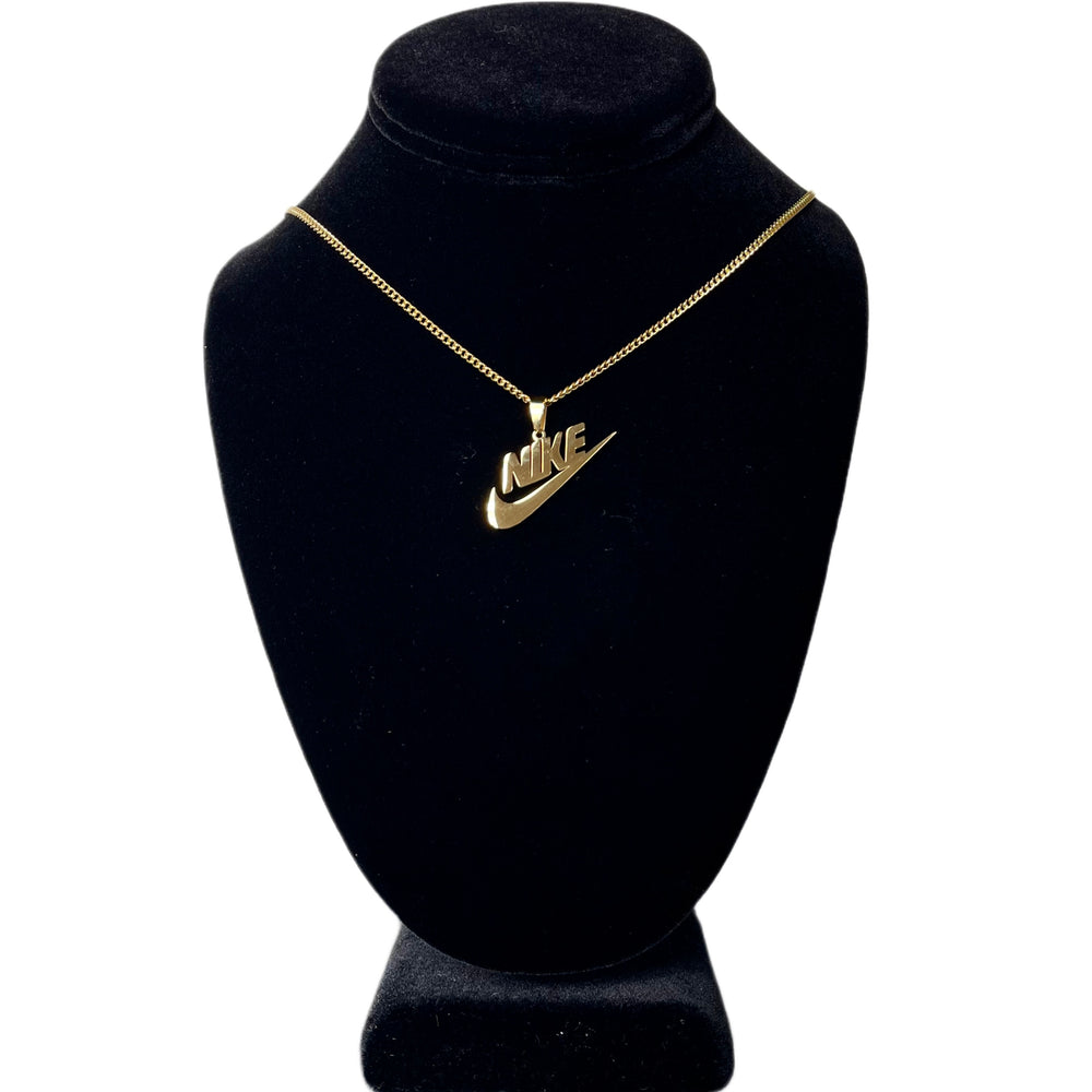 SWOOSH Spellout Pendant and Chain: Gold Finish
