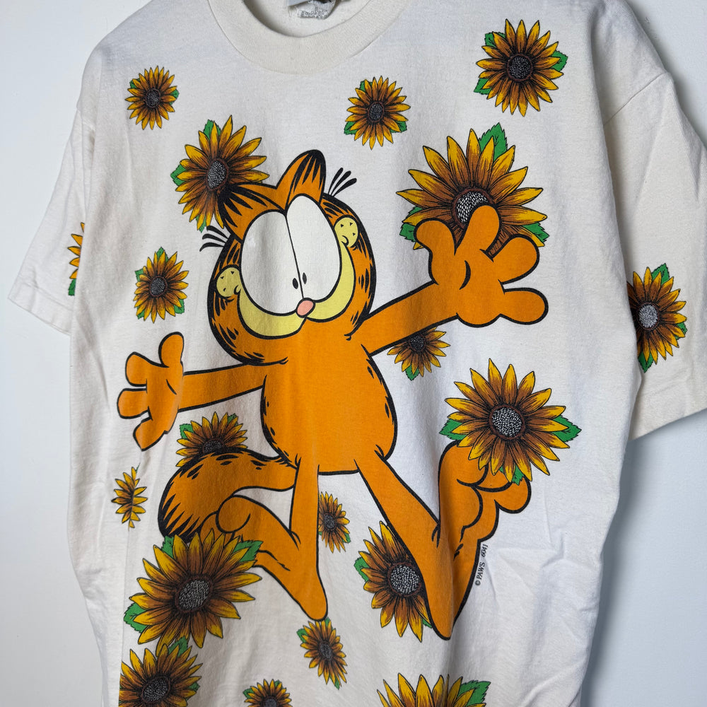 Vintage 90's GARFIELD Sunflowers Jerry Leigh All Over Print Tshirt