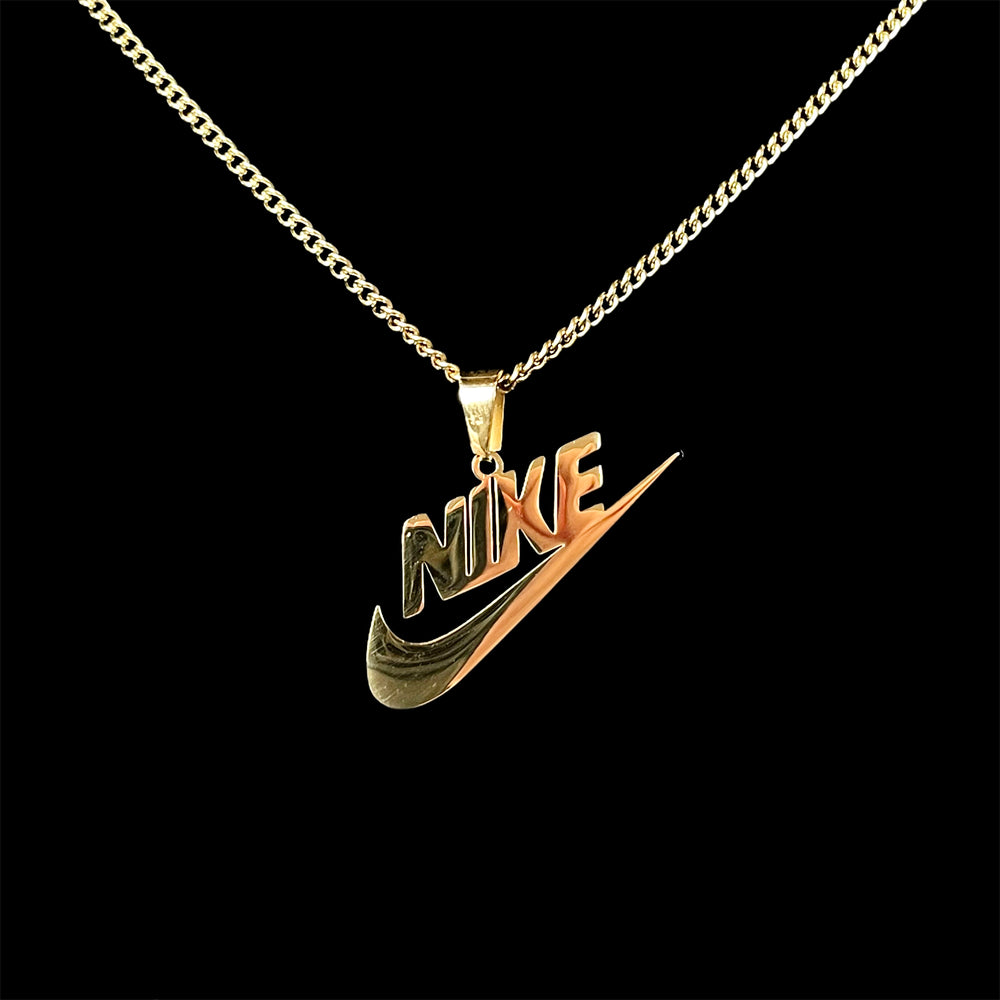 SWOOSH Spellout Pendant and Chain: Gold Finish