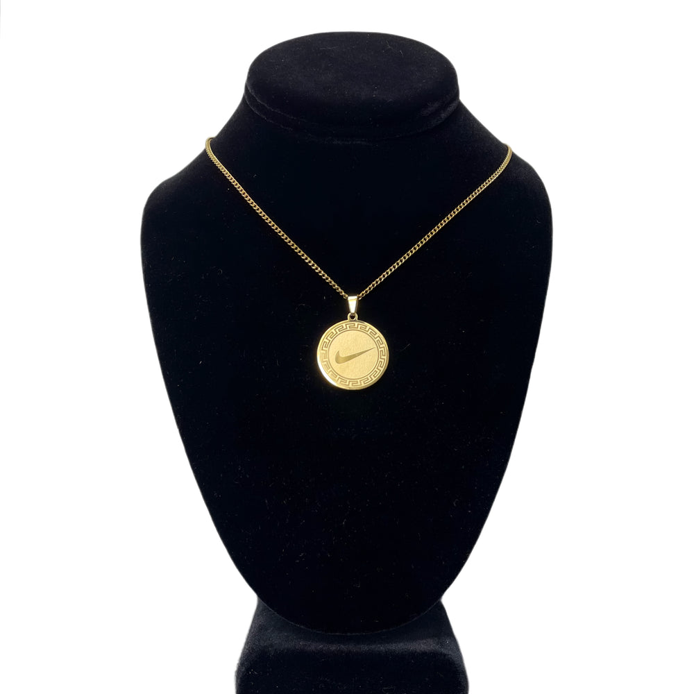 SWOOSH Engraved Circle Pendant and Chain: Gold Finish